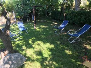 tres sillas sentadas en el césped en un patio en Country House Paola, en Marina di Gioiosa Ionica