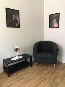 a living room with a chair and a table at Hågadalens Hostel & Vandrarhem in Uppsala