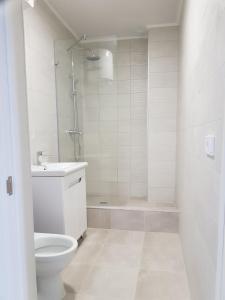 La salle de bains blanche est pourvue d'une douche et de toilettes. dans l'établissement apart-hotel Sky, à Youjne