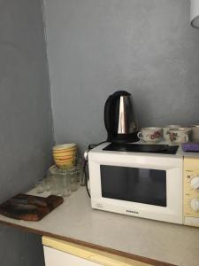 a microwave sitting on top of a kitchen counter at Мини-гостиница in Kamianets-Podilskyi