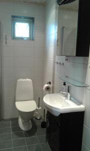 La salle de bains est pourvue de toilettes et d'un lavabo. dans l'établissement Stuga i Gamla-köpstad, à TrÃ¤slÃ¶vslÃ¤ge