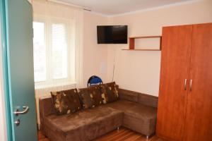 ein braunes Sofa im Wohnzimmer mit einem TV in der Unterkunft U Gosa in Ustronie Morskie