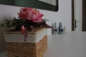 a pink flower in a basket on a counter at Anna's Apartment, the Heart of Bologna. in Bologna