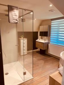 uma casa de banho com uma cabina de duche em vidro e um lavatório. em La Sentinelle Gite em Spa