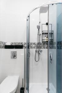 克拉科夫Cosy Place - LoftAffair的带玻璃淋浴和马桶的浴室 更多16张照片