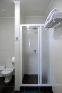 a bathroom with a shower and a toilet at Міні-готель Пекін in Mykolaiv