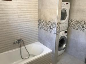 a bathroom with a washing machine and a bath tub at Panoraia Maisons in Margariti +12 photos