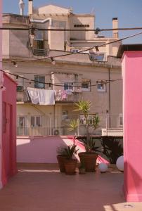 巴塞隆納的住宿－波爾與格蕾絲酒店，粉红色门和盆栽植物的建筑
