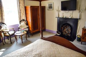 a bedroom with a bed with a fireplace and a television at Abbey Grange Hotel in Llangollen