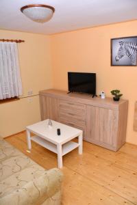 een woonkamer met een tv en een bank en een tafel bij Apartman Viktorija in Krapinske Toplice