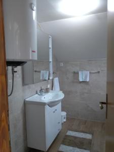 een witte badkamer met een wastafel en een spiegel bij Apartman NINA in Ličko Petrovo Selo