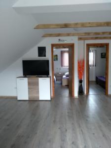 ein Wohnzimmer mit einem Flachbildfernseher auf einem Schrank in der Unterkunft Apartman NINA in Ličko Petrovo Selo