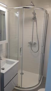 a bathroom with a shower and a sink at Apartament Nadmorski LUX1 in Sztutowo