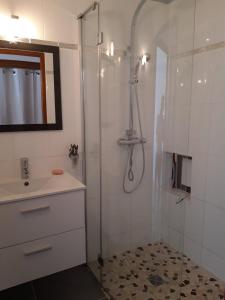ein Bad mit einer Dusche und einem Waschbecken in der Unterkunft La Garonnette - 150m de la plage in Sainte-Maxime