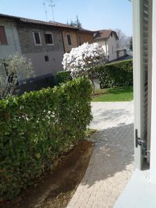 una puerta abierta de una casa con un seto con flores en Stanze Ildesco, en Bérgamo