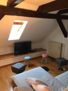 a living room with a couch and a tv at GITE DES FORGERONS in Dambach-la-Ville