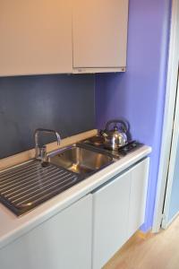 uma cozinha com um lavatório e um fogão forno superior em Nizza26 Serviced Apartments em Turim