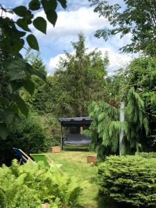 ogród z czarnym łóżkiem w trawie w obiekcie Villa Zakoniczynka w Gdańsku