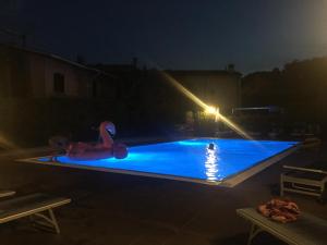 uma piscina à noite com luzes acesas em Appartamenti Alice em Lazise