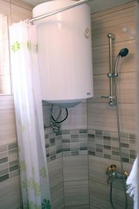 a bathroom with a shower with a shower curtain at Apartment Forest and Lake in Lagadin