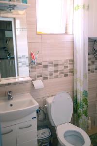 a bathroom with a white toilet and a sink at Apartment Forest and Lake in Lagadin