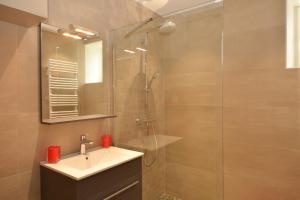 a bathroom with a sink and a glass shower at L'annexe de la Pétillante 101 Rue Principale in Soudron