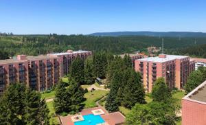 een luchtfoto van appartementsgebouwen en bomen bij Harztraum in Altenau
