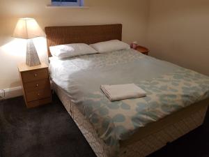 a bedroom with a large bed with a lamp on it at Woodard House in Woodchurch