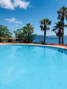 uma grande piscina com palmeiras e o oceano em Maris Butik Hotel em Turunç