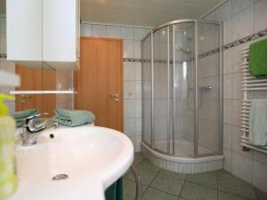 a bathroom with a sink and a shower at Schölzke‘s Ferienhaus in Ralswiek +114 photos