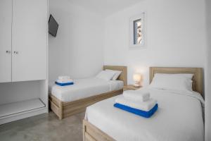 a room with two beds and a television in it at Mykonos4Islands Seaside Apartments in Kalo Livadi