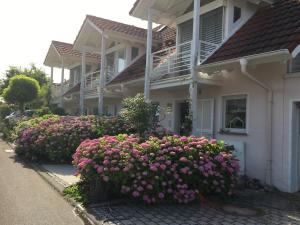 a house with pink flowers in front of it at Ferienwohnung Creutzig in Stockach