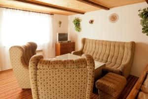uma sala de estar com duas cadeiras e uma mesa em Chalupa Otava em Sušice