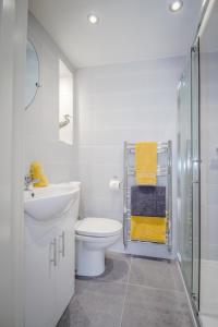 uma casa de banho branca com um WC e um lavatório em Altahammond House em Carrickfergus
