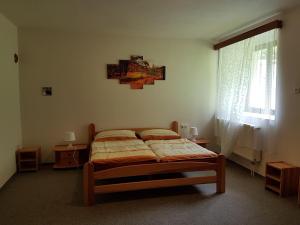 Bezděkov的住宿－貝茲德科夫2號度假屋，一间卧室设有床、两张桌子和一扇窗户