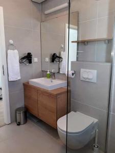 La salle de bains est pourvue de toilettes et d'un lavabo. dans l'établissement Apartment Pepina, à Vodice