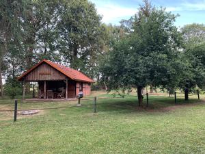 a small barn in a field with a tree at Ferienhaus am Wäldchen in Uelsen