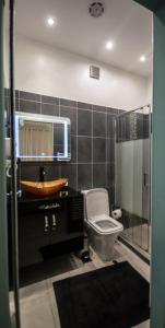 ein Badezimmer mit einem WC, einem Waschbecken und einem Spiegel in der Unterkunft IASON in Athen