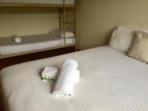 Una cama con dos literas con toallas encima. en Koala Beach Resort Cairns, en Cairns 16 fotos más