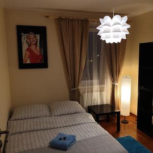 sypialnia z łóżkiem i zdjęciem na ścianie w obiekcie Apartament Sloneczny Taras w Olsztynie