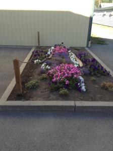a flower garden in the middle of a street at Coeur D' Alene Budget Saver Motel in Coeur d'Alene