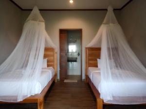- une chambre avec 2 lits dotés de moustiquaires dans l'établissement Emir Surfcamp, à Pulukan