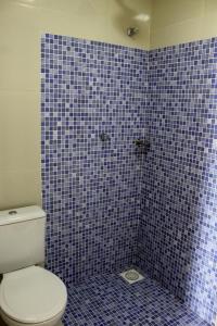 a bathroom with a toilet and a blue tiled wall at Flat com Varanda e Vista Mar in Paracuru
