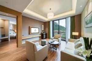 ein Wohnzimmer mit einem Sofa, Stühlen und einem TV in der Unterkunft C&D Resort,Wuyi Mountain in Wuyishan