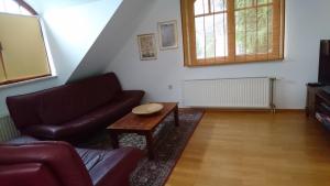 - un salon avec un canapé et une table dans l'établissement Apartma Dolomiti, à Ljubljana