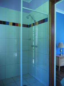 a shower with a glass door in a bathroom at Teretre Cabins Nimbin in Nimbin