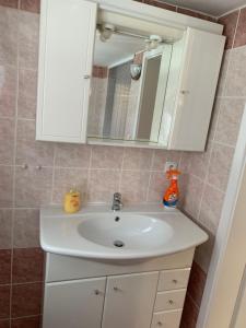 ein Badezimmer mit einem weißen Waschbecken und einem Spiegel in der Unterkunft Vila Linda in Luhačovice