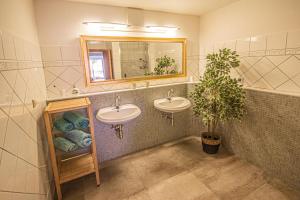 a bathroom with two sinks and a mirror and a plant at Landhaus Pößnitz in Leutschach