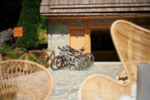 a group of bikes parked in front of a building at Boutique hotel Vila Planinka in Zgornje Jezersko