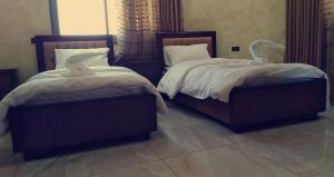- deux lits avec des animaux farcis dans une chambre dans l'établissement Petra Villa, à Wadi Musa